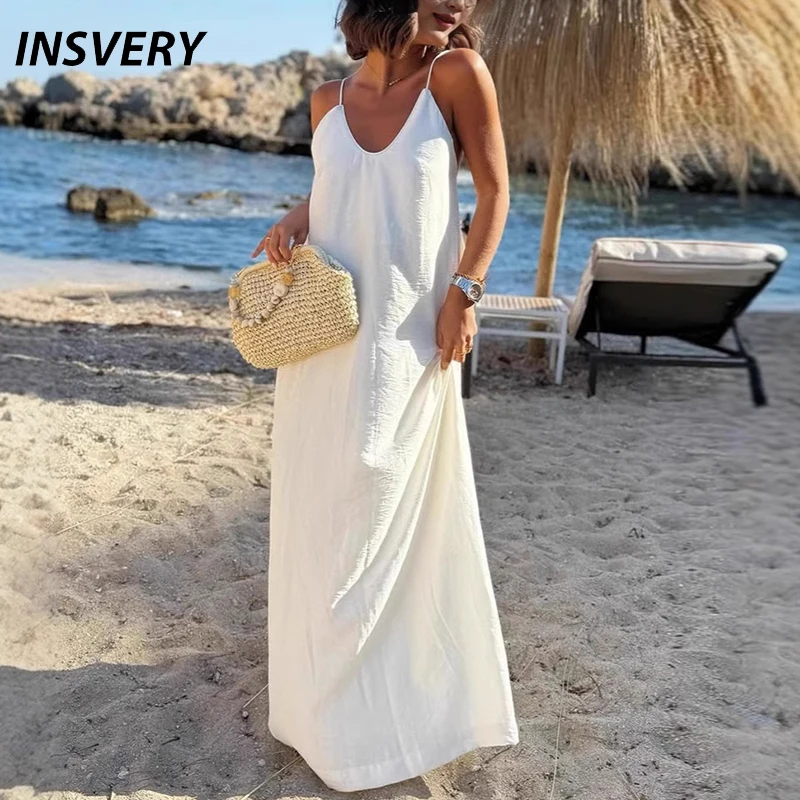 Abito lungo casual estivo da donna con scollo a V senza maniche e schiena scoperta Abiti da vacanza al mare per le donne Abito da festa ampio Boho