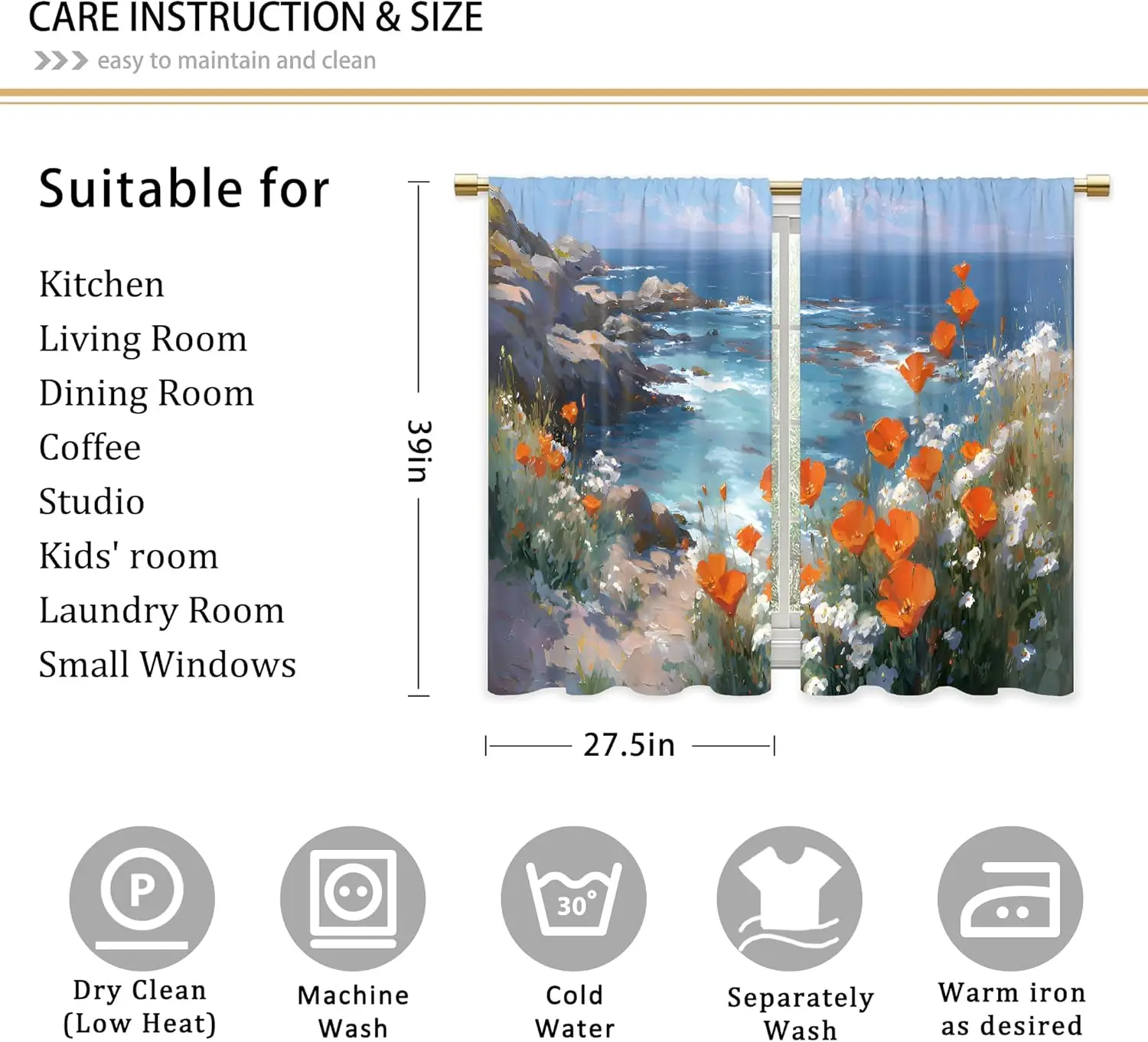 Blue Coastal Orange Floral Curtains, Seaside Wave Mountain Short Cafe 2 Panels Drapes for Bathroom Bedroom Decor