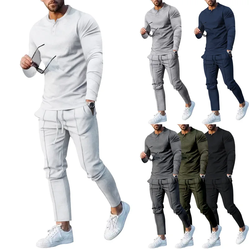 Men's Loose-fit Round Neck Long Sleeve Shirt Trousers 2-piece Casual Sportswear Set For Spring Autumn