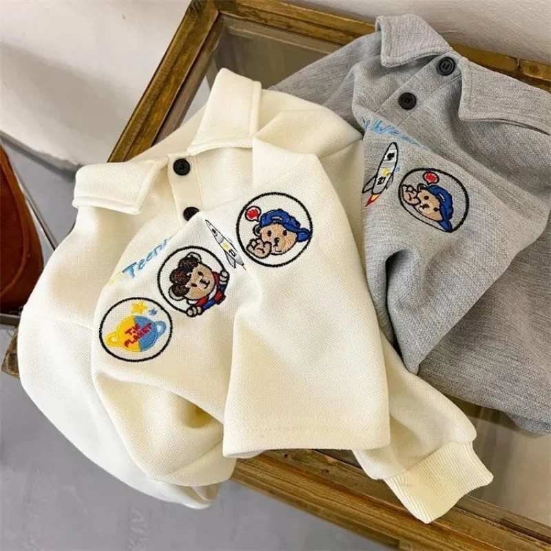 

Children's Polo Shirt for Girls Boys Clothes 2025 New Baby Kids Bear Embroidery Long-sleeved Sweatshirt Loose Tops Clothing