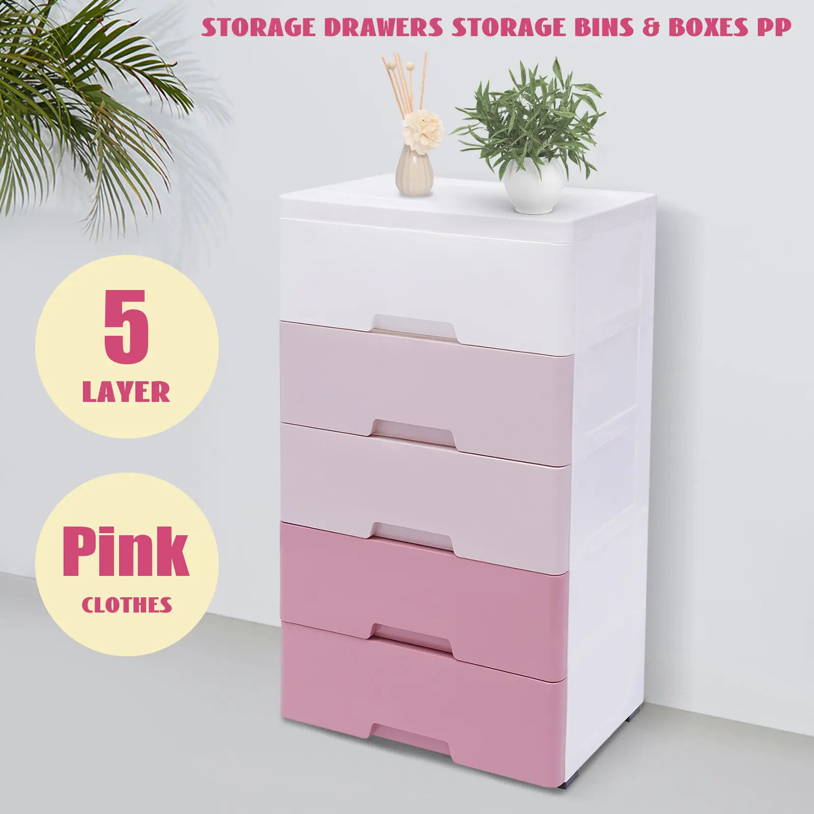 5 Layers Storage Cabinet Bins Boxes Drawers PP Toys Clothes Storage Pink Closet Organizer Shelf Home Bedroom Dressers