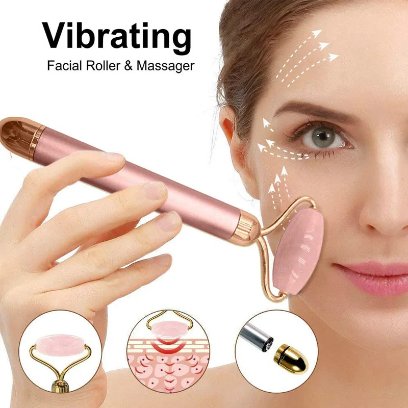 3 in 1 Electric Vibrating Facial Roller Massage Stainless Steel Crystal Jade Stone 3D Roller Face Massager Kit for Face Lifting