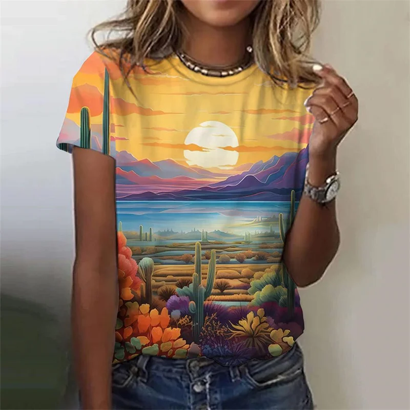 Natural Scenery Pattern T-Shirt For Women Sunset Plants 3D Printed T Shirts Summer Fashion Street Tees O-Neck Tops Short Sleeves