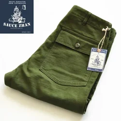 SauceZhan cetim de algodão calças militares, fadiga calças utilitárias, Herringbone Baker calças, Olive discrição clássico Fit, ajuste reto, OG107