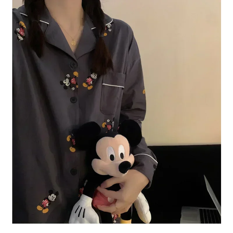 Disney Mickey Mouse ชุดนอนผ้าไหมผู้หญิงผ้าฝ้ายแขนยาวการ์ตูนสบายหลวมสบายๆชุดนอนสตรี