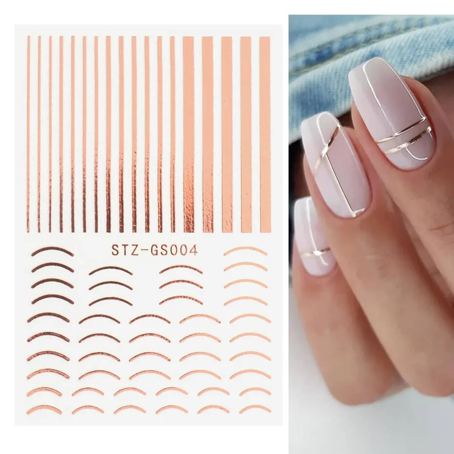 6Pcs 3D Dải Băng Dòng Dán Móng Tay Rose Gold Kim Loại Chữ Đề can Cong Dải Móng Tay Nghệ Thuật Thanh Trượt Làm Móng Tay Decors