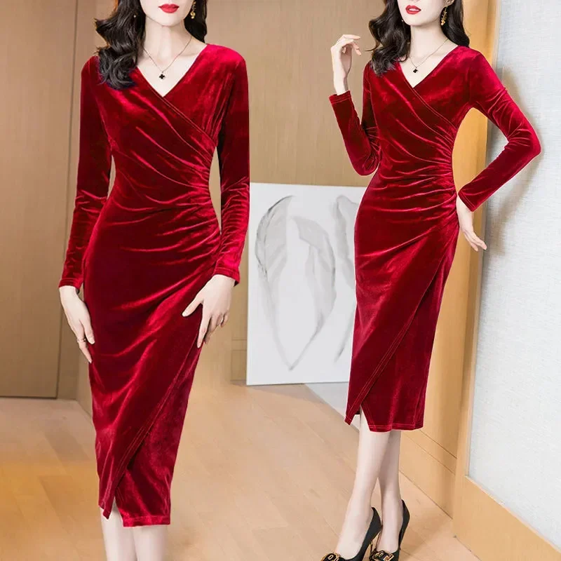 

New V-Neck Long Sleeve Golden Velvet Dress Women Clothes Temperament Split Hip Wrap Mid Long Ladies Party Dresses Visitors XQ109