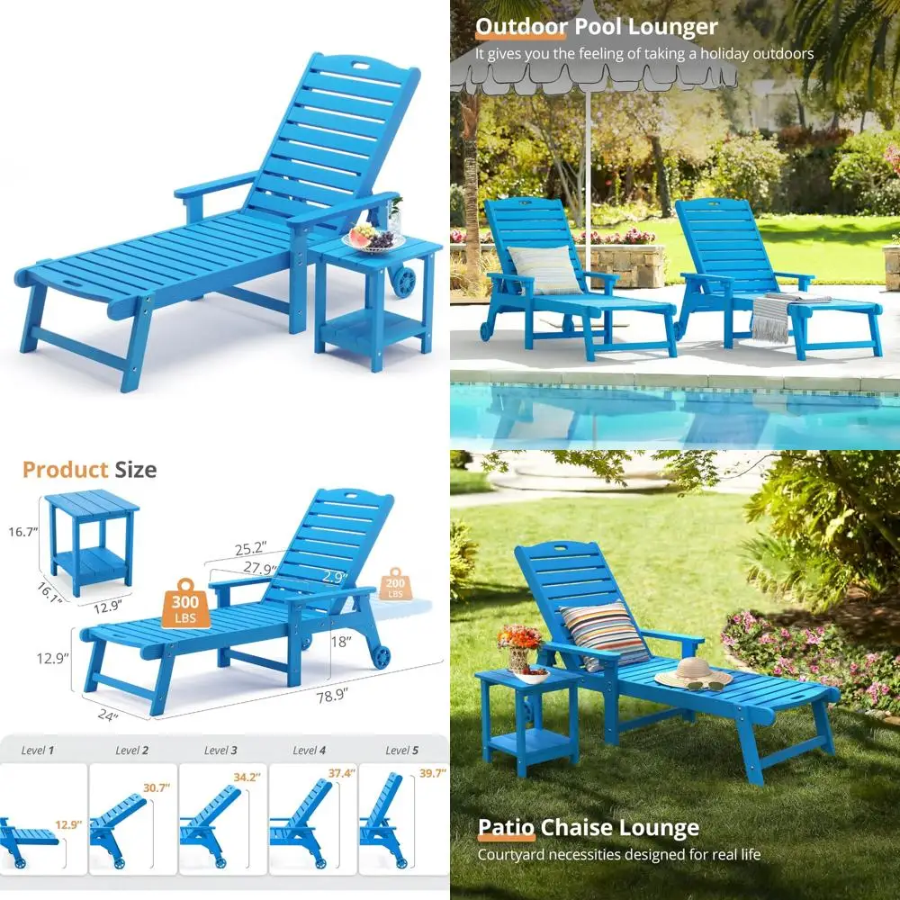Oversized 79 Adjustable 5-Position HDPE Chaise Lounge Chair Set with Table, Ideal for Poolside Relaxation