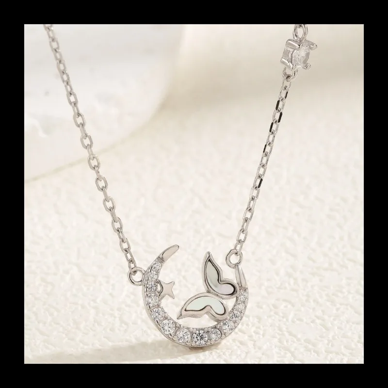 Ins رائجة البيع الهلال القمر نجمة فراشة شكل قلادة ضوء فاخر S925 الفضة الأم قذيفة تصميم الترقوة سلسلة الزركون ne