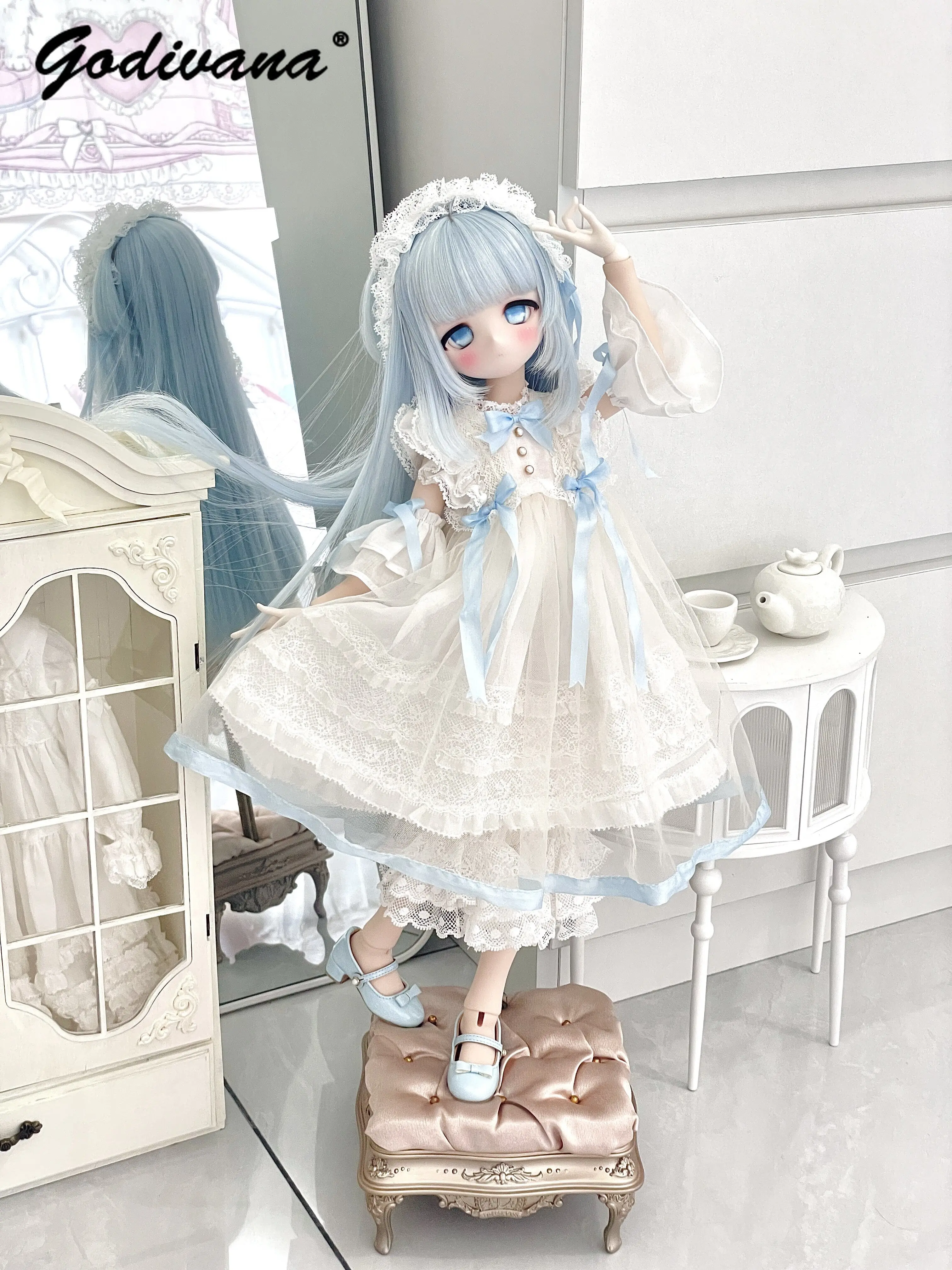 1/4 BJD Doll Outfit Sweet Bow Lace Mesh Loose Fit Long Lolita Dress Set Fits Normal/Chubby 1/4 MDD Doll Handmade Doll Clothes