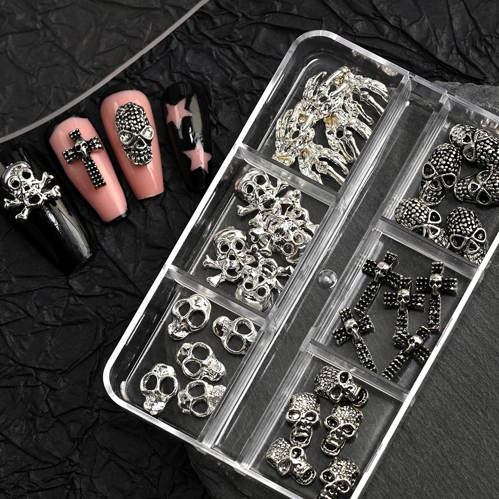 30 unids/caja 3D gótico Halloween dijes de uñas Punk esqueleto Cruz araña decoración de uñas DIY accesorios de manicura oscura espeluznante 1
