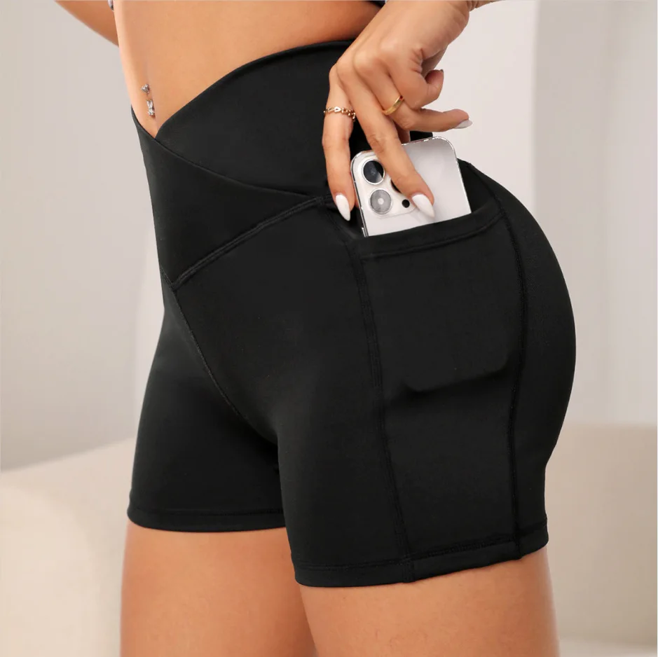 Damen High-Waist Yoga Sport Biker Shorts für Fitness mit Cross-Waist-Tasche Yogahose
