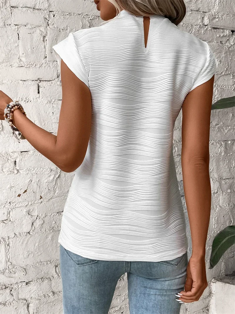 Women Stand-up Collar Back Button Splicing T-Shirt Solid Color Texture Wave Strip Fabric Tops Female Office Commuter Casual Tees