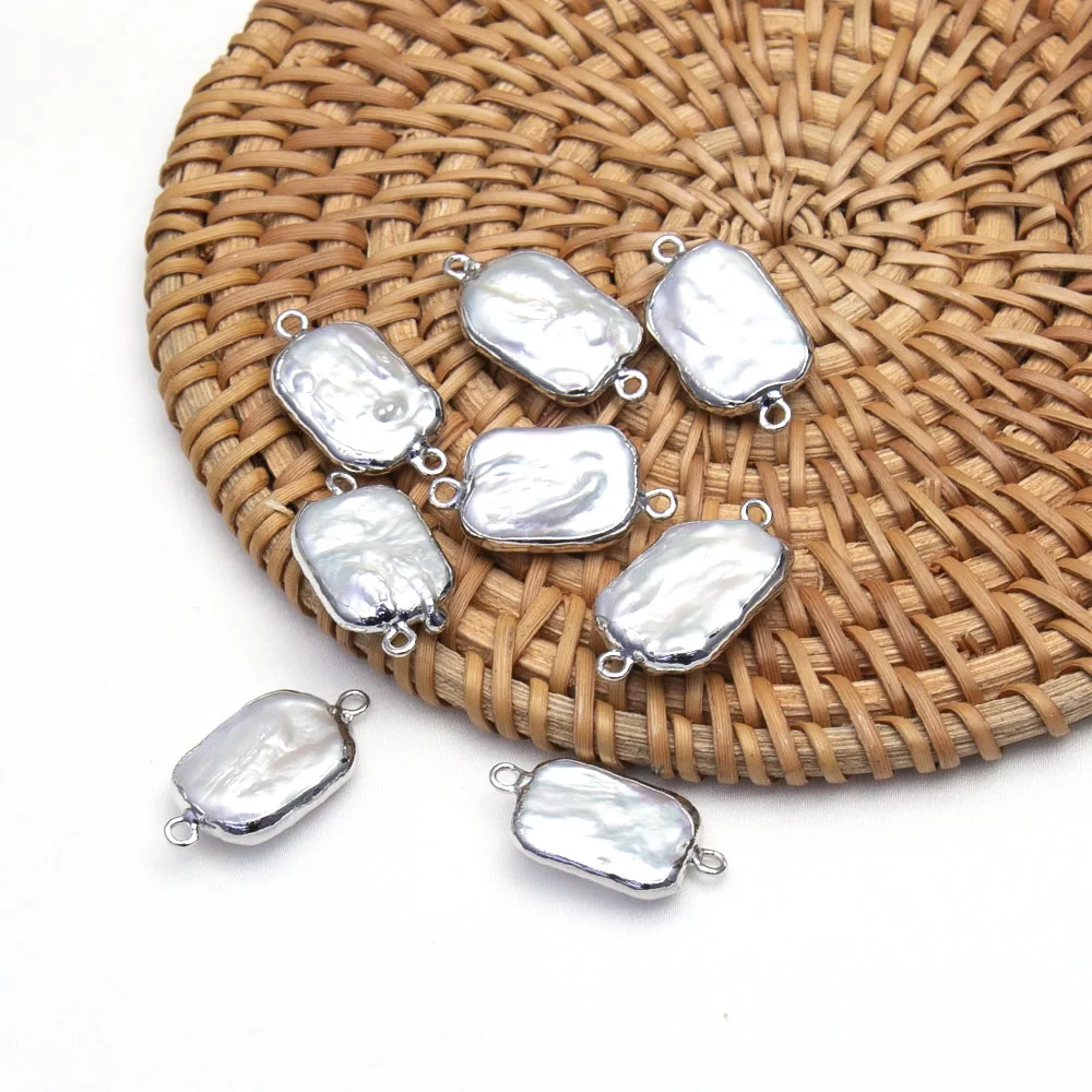 1PC Natural Freshwater Pearl Pendants Connector Silver Plated Edge Irregular Rectangle 2 Hole Charms Jewelry DIY Necklace