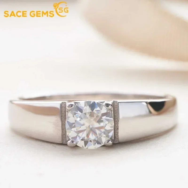 

SACEGEMS GRA Certified D Color 1-2ct Moissanite Ring for Men S925 Sterling Silver Wedding Diamond Band Party Luxury Fine Jewelry