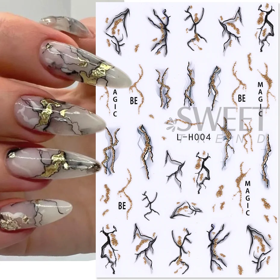 Pegatina de uñas de mariposa de mármol brillante, flor de floración degradada, bloque de Color de línea Irregular, lámina metálica 3D, decoración de manicura