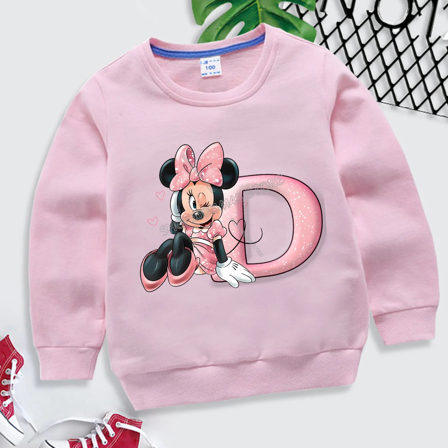 Disney Minnie Mouse Hoodie สําหรับเด็ก A-Z Letter การ์ตูนเสื้อกันหนาวแฟชั่นสาวแขนยาวผ้าฝ้าย Caftan รอบคอเสื้อผ้า