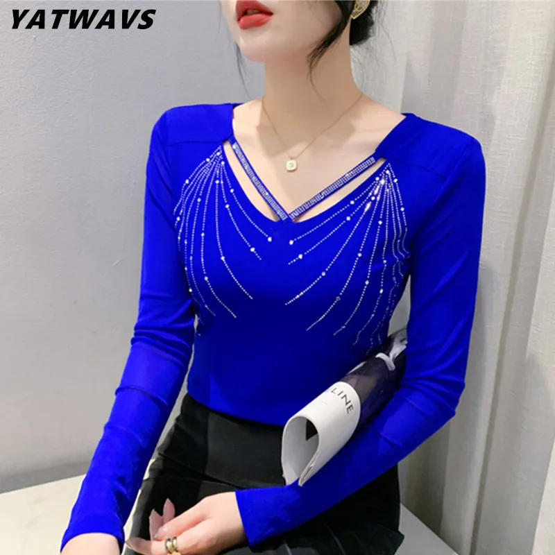 Autumn New Women Mesh Tops Fashion Hollow Out V-Neck Long-Sleeved T-Shirt Classic Shiny Diamonds Bottoming Shirt Elasticity Tees