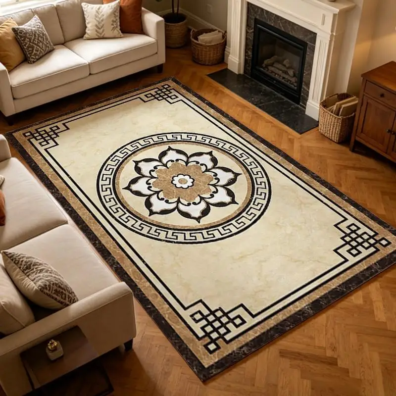 Chinese Style Marble Floral Medallion Carpet Flooring, Square Waterjet Inlay Area Rug for Entrance Hall Decor