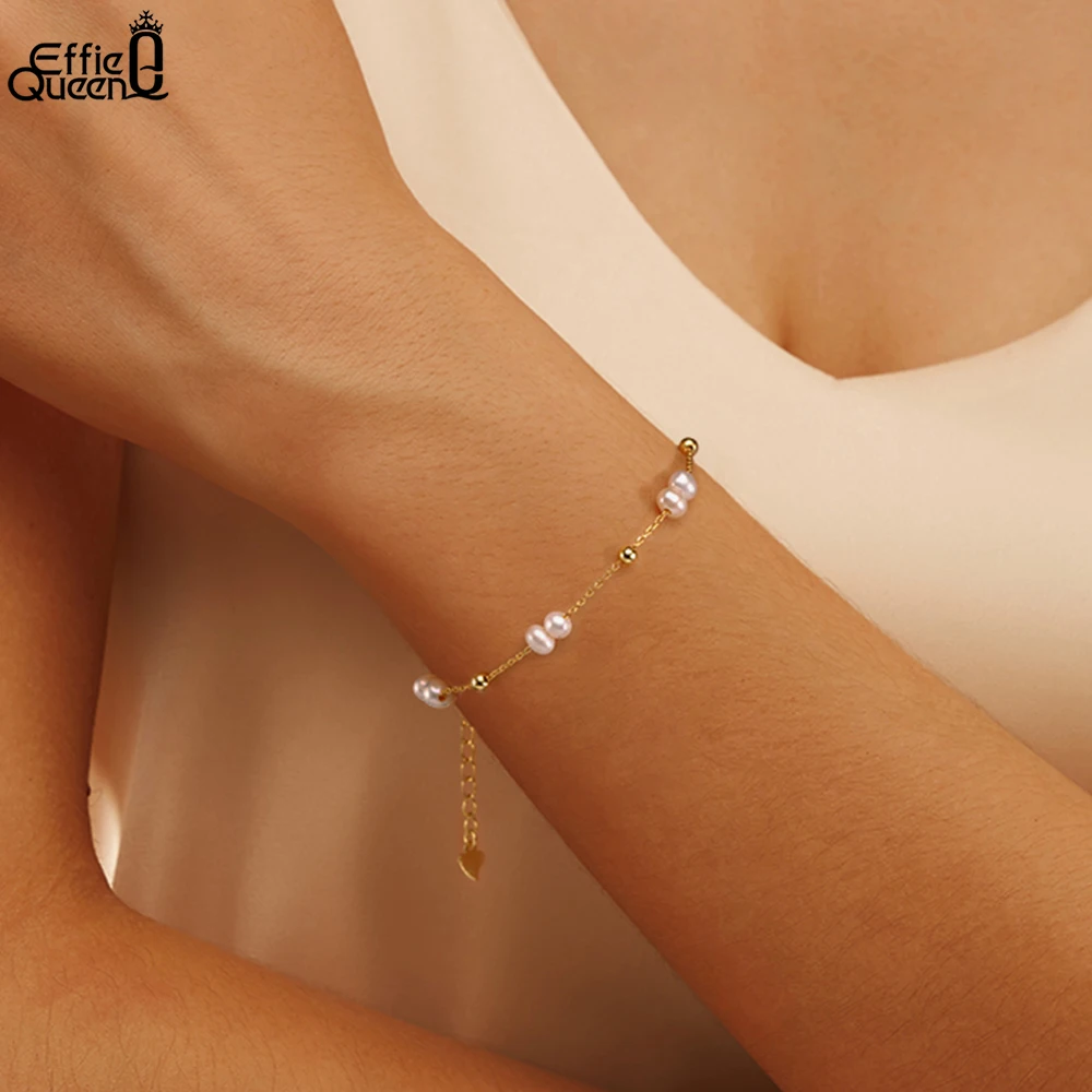 

EFFIE QUEEN Браслет из натурального серебра 925 пробы с жемчугом, модный браслет-цепочка с бусинами 3 мм, свадебное украшение с позолотой 14K, GPB40