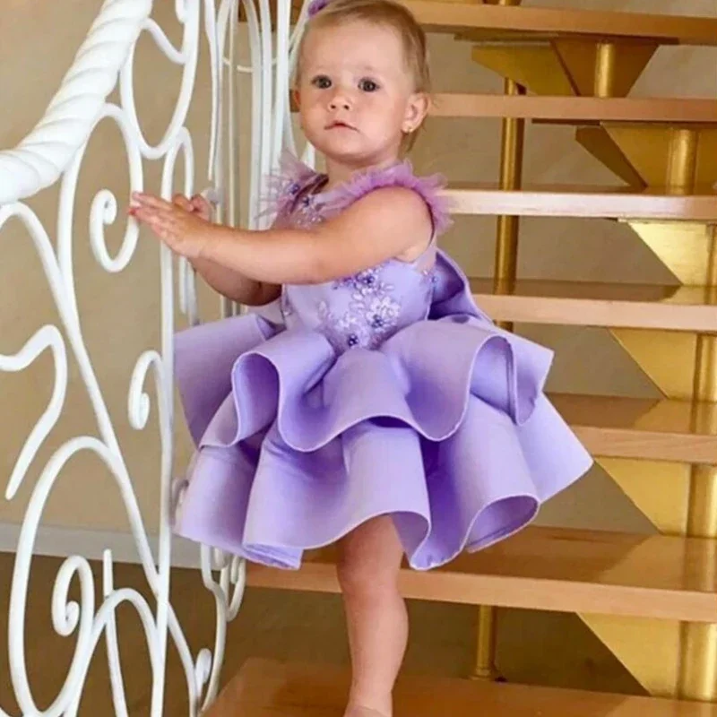 

Purple Ruffles Flower Girl Dress With Bow Sheer Back Beading Knee-length Satin Cute Kids Birthday Party First Communion Gowns