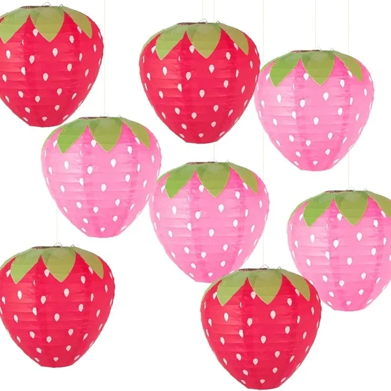 6PCS Strawberry Paper Lanterns DIY Fruit Themed Birthday Party Lanterns Foldable Holiday Props Strawberry Lights