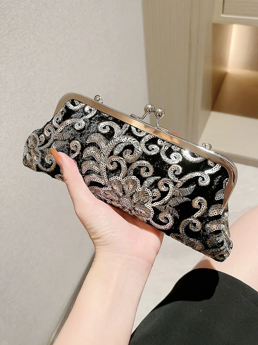 Velvet Cheongsam Bag Bridal Vintage Dinner Handbag Prom Cocktail Party Evening Clutch Embroidered Chain Purse