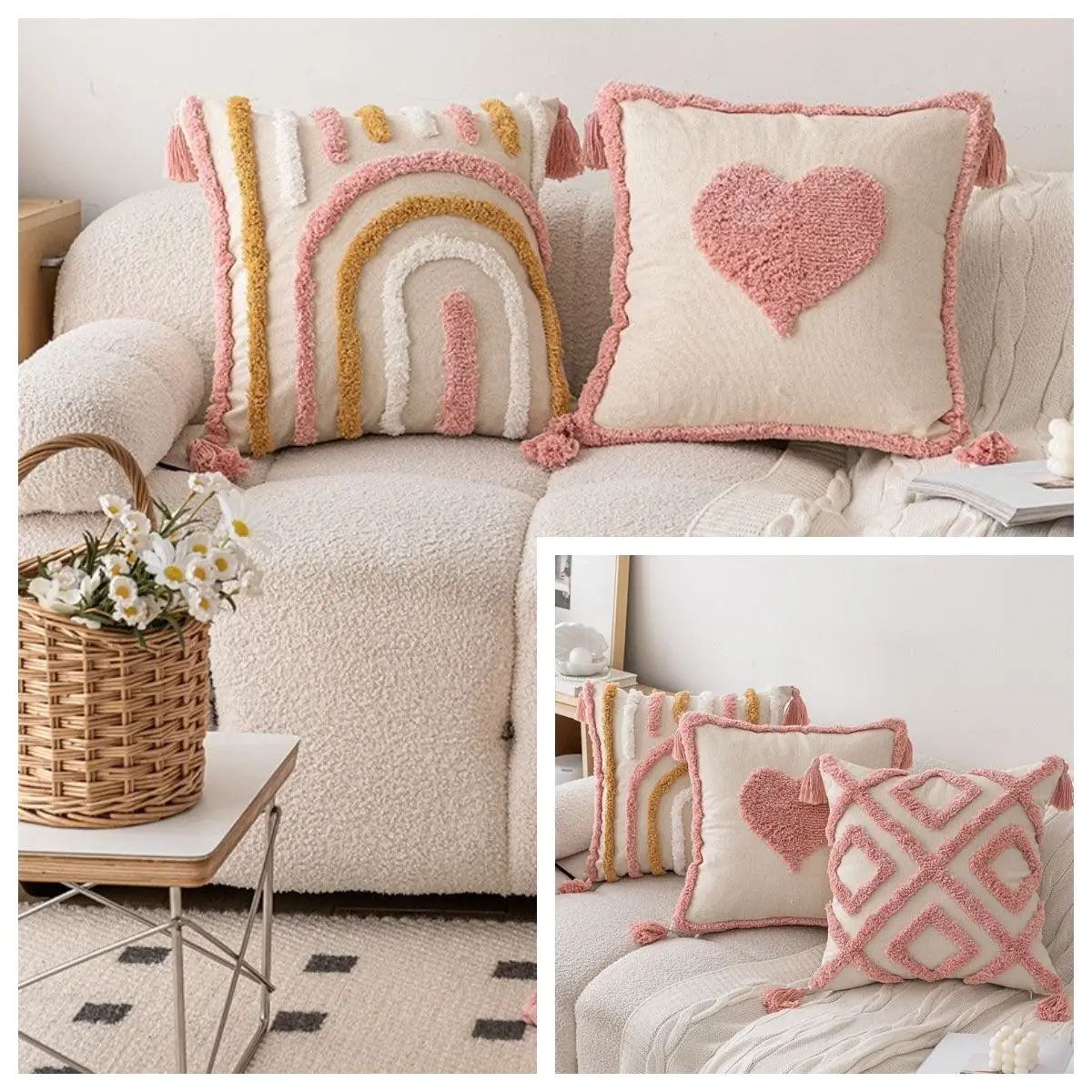 Pink Cotton Tufted Pillow Cover With Tassels Ins Sweet Decorative Pillowcase For Sofa Chic Boho Funda Cojin Cushion Cover