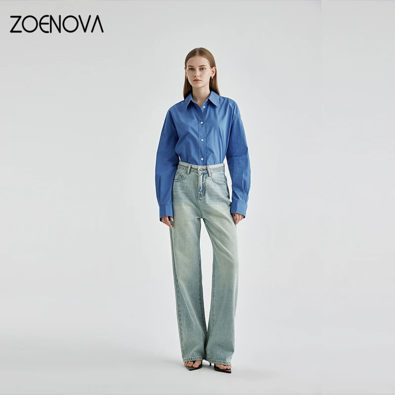 

ZOENOVA Spring Fashion New Nostalgic Women's Jeans Retro Casual Straight Wide Leg Pants American Street Ripped Denim Trousers