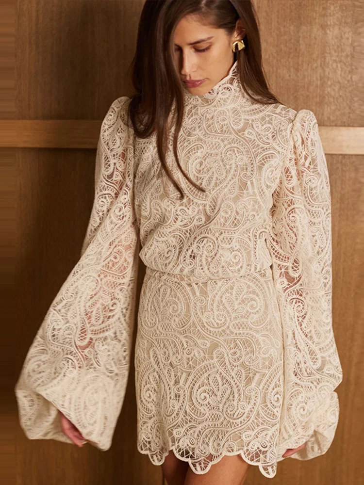 

Elegant Lace Crochet Skirt Sets Women Hook Flower Turtleneck Lantern Sleeve Top A-line Skirts Spring Vacation Outfit Lady