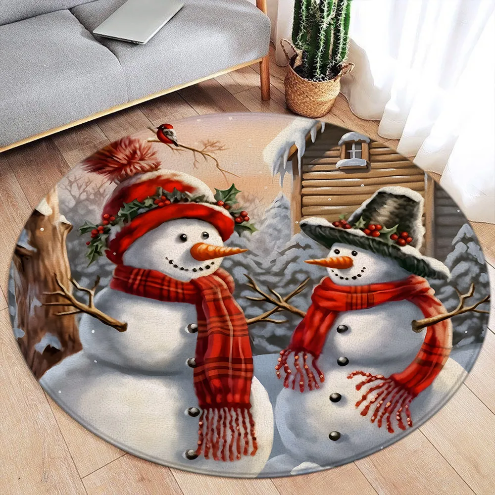 Snowman Round Rug Merry Christmas Happy New Year Santa Claus Cartoon Xmas Round Floor Mat Bedroom Living Room Flannel Area Rug