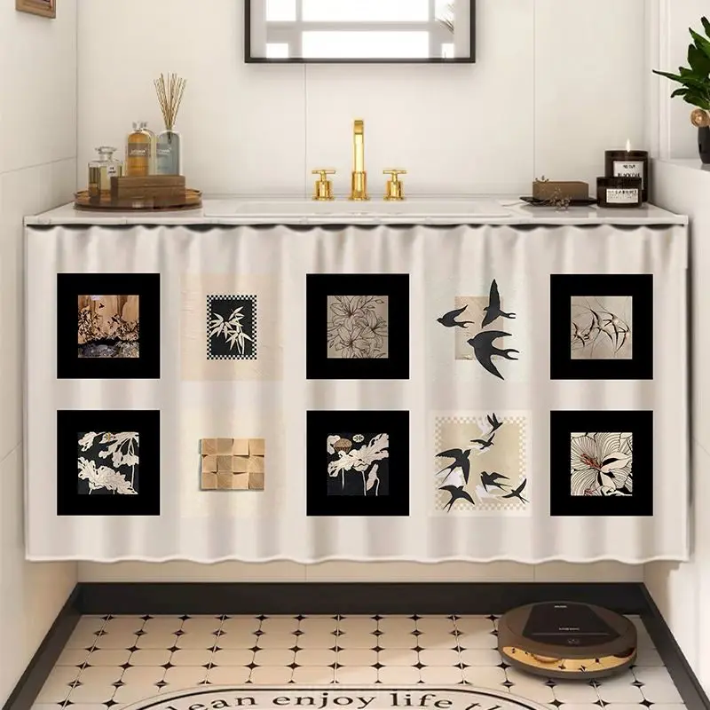 VIKAMA Black Vintage Art Patchwork Cabinet Curtain, 6 Designs, Short Curtain for Kitchen Cabinet Door Decor