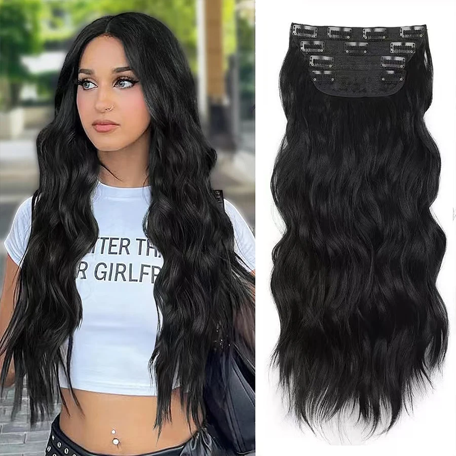 Clip in Long Wavy Hair Extension 4PCS Thick Flaxen Gold/Black Hairpieces Double Weft 22 Inch Synthetic Hair Extension for Women