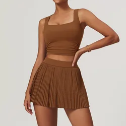 Women 2-Piece Yoga Tennis Skirt Set Gym Outdoor Bra Crop Top High Waist Fitness Skirt Suit Women's Golf Dance Badminton Sport