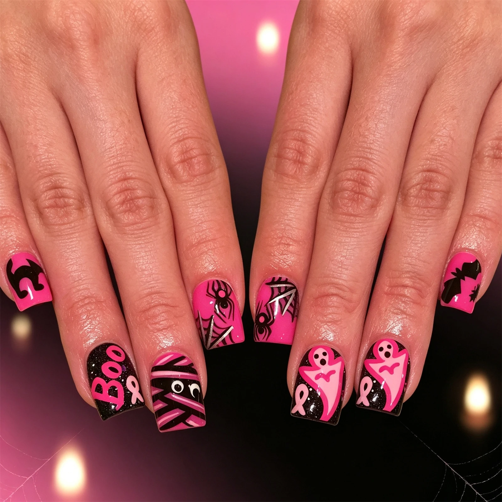 24 Stück rosa-schwarz farbblockierte künstliche Nägel im Halloween-Stil, kurze quadratische Kunstnägel mit Bandage-Geister- und Spinnendesign, zum Aufkleben. – Detail 8
