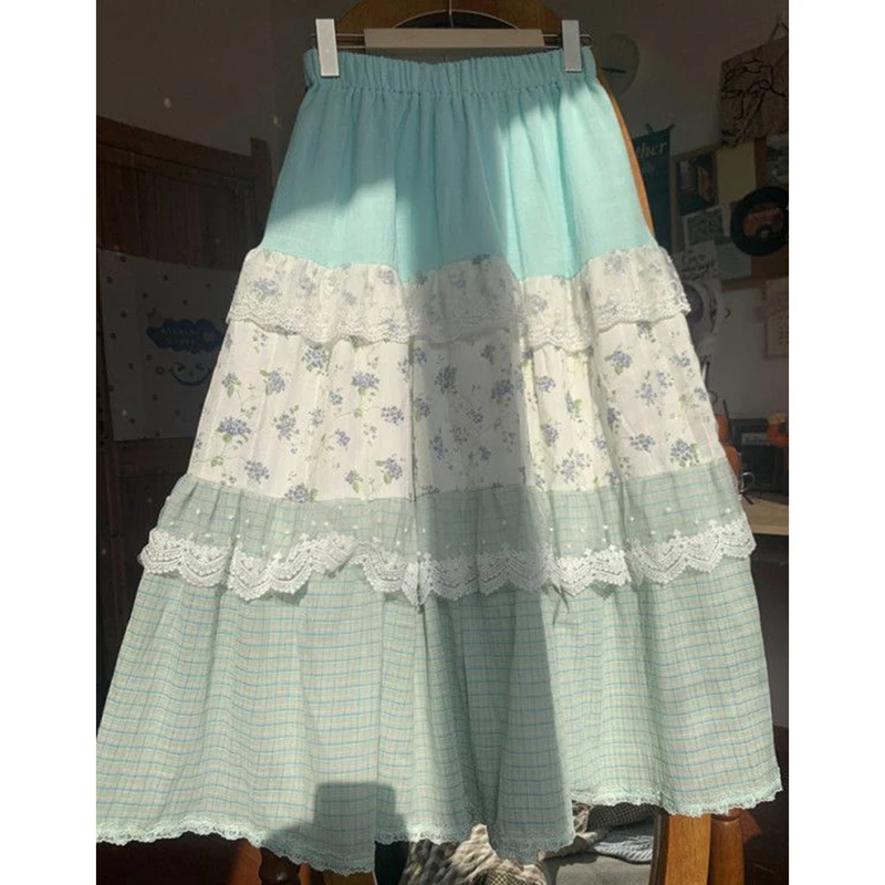 Sweet Floral Patchwork Skirt Women Preppy Style Cute Lace Layered Skirt Vacation Beach High Waisted Casual A Line Y2K Skirt