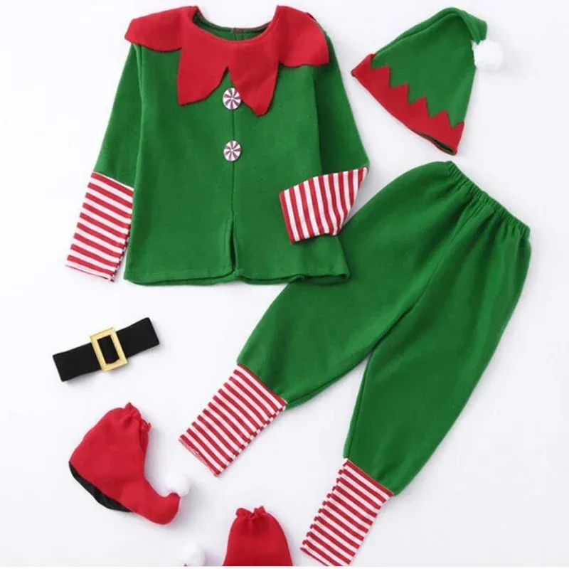 Christmas Santa Claus Costume Adult Kids Family Green Elf Cosplay Outfits Carnival Party Year performance Xmas Dress Giftc;3.k'6