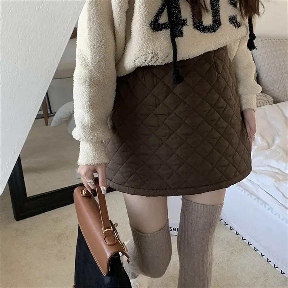 Autumn Winter New Women Thicken Cotton Skirts  Female Fashoin Plaid Ankle-Length Quilted Skirts  Style Girls Mini Skirt Pettiski