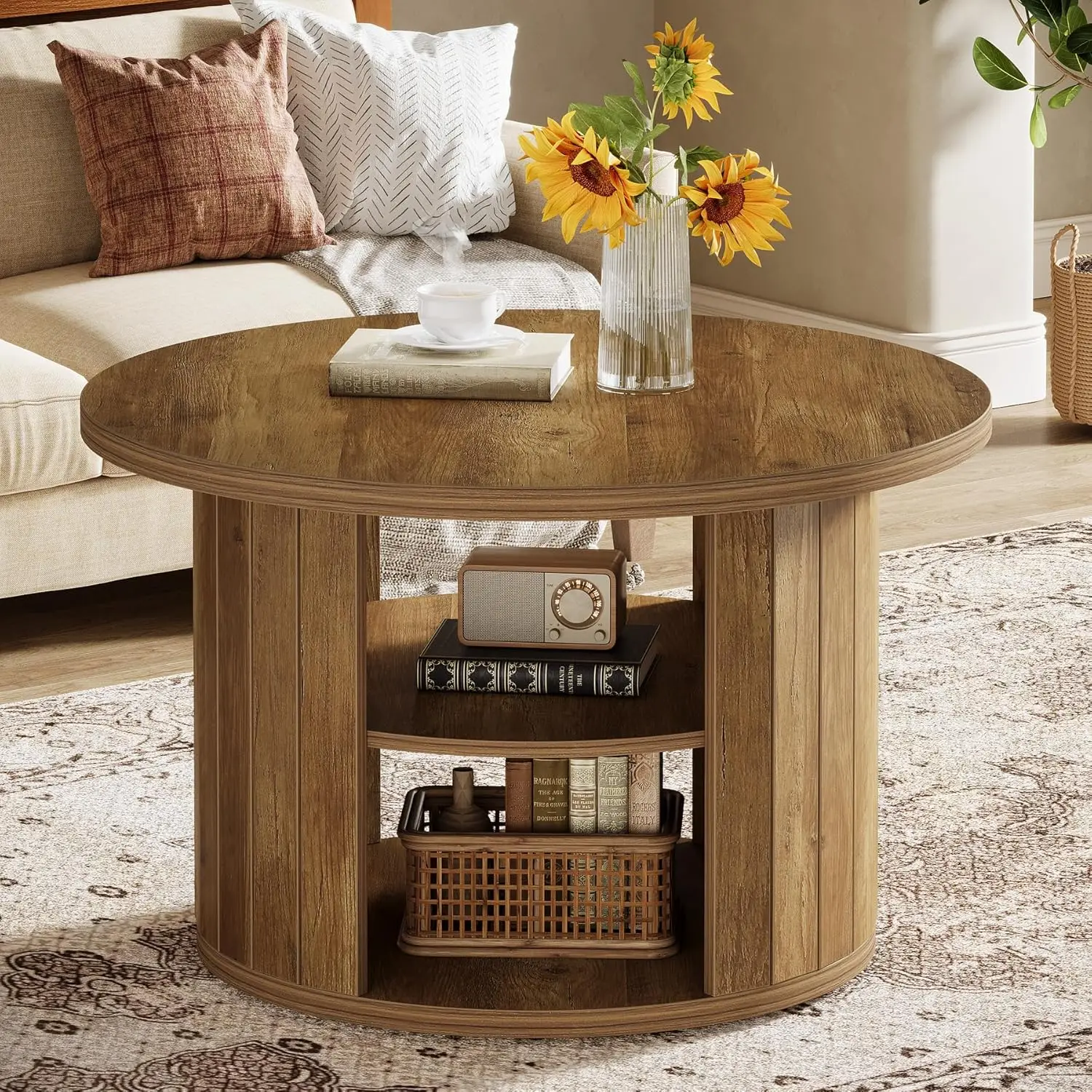 Mesa de centro con almacenamiento, mesa central circular pequeña de 31,5" para salón, marrón rústico