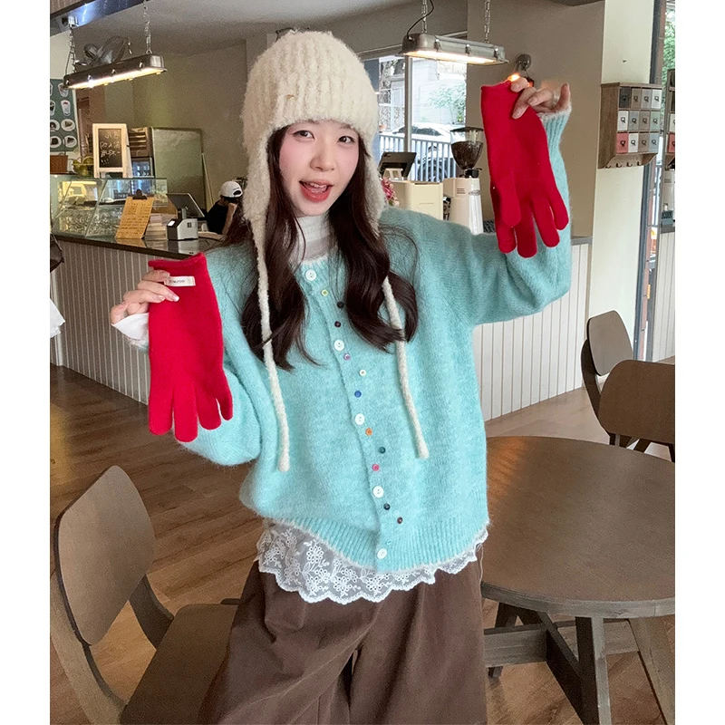 

Loose Long Sve Knitted Open Cardigan Women's Gentle Sle Korean Aosphere Color Bule Outerwear Soft Medium Thiened