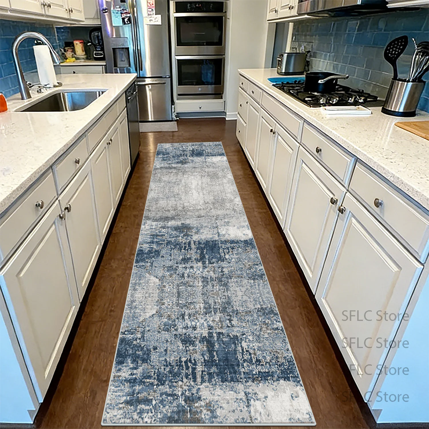 Modern Blue Grey Abstract Easy Clean Kitchen Rug Non-slip Soft Long Corridor Carpet Large Area Lint-free Long Runner Floor Mats