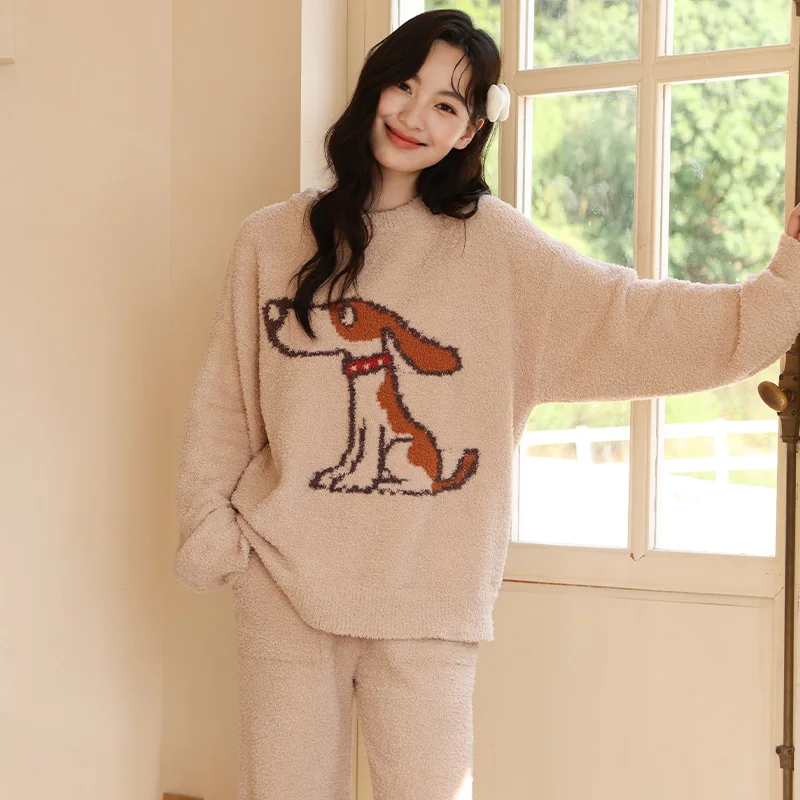 

Winter Half Fleece Women's Pajamas Cute Cartoon Dog Thick Coral Fleece Anti static Warm Round Neck Home Clothes