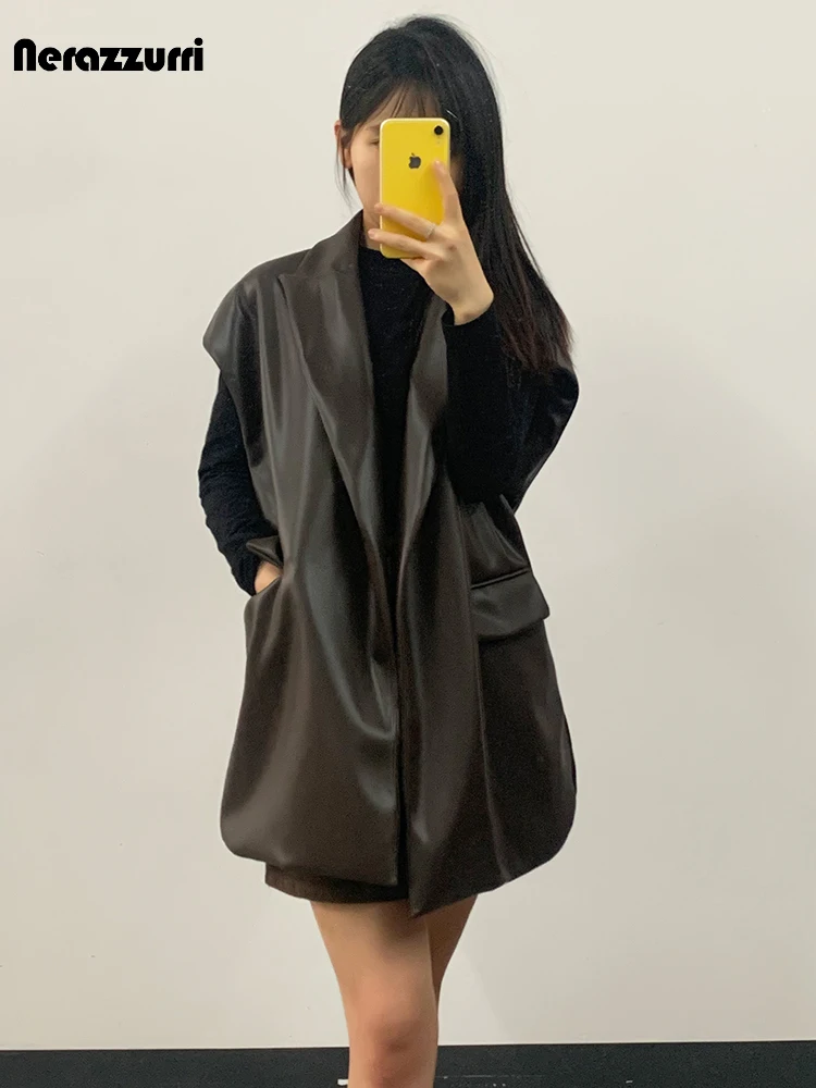 Nerazzurri Spring Autumn Oversized Luxury Elegant Chic Brown Soft Pu Leather Blazer Women Loose Casual Sleeveless Jacket 2023