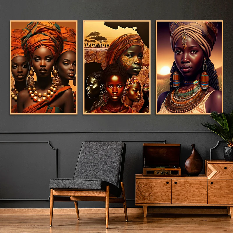 African Black Women Canvas Painting And Prints Painted Poster Wall Picture Mural Modern Home Living Room Bedroom Decor Frameless