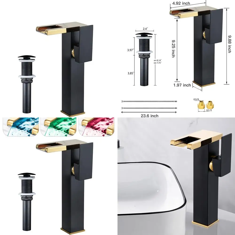 

Black and Gold LED Vessel Faucet with 3-Color Waterfall, Single Handle, One Hole, Pop-Up Drain, No Overflow or Supply Lines