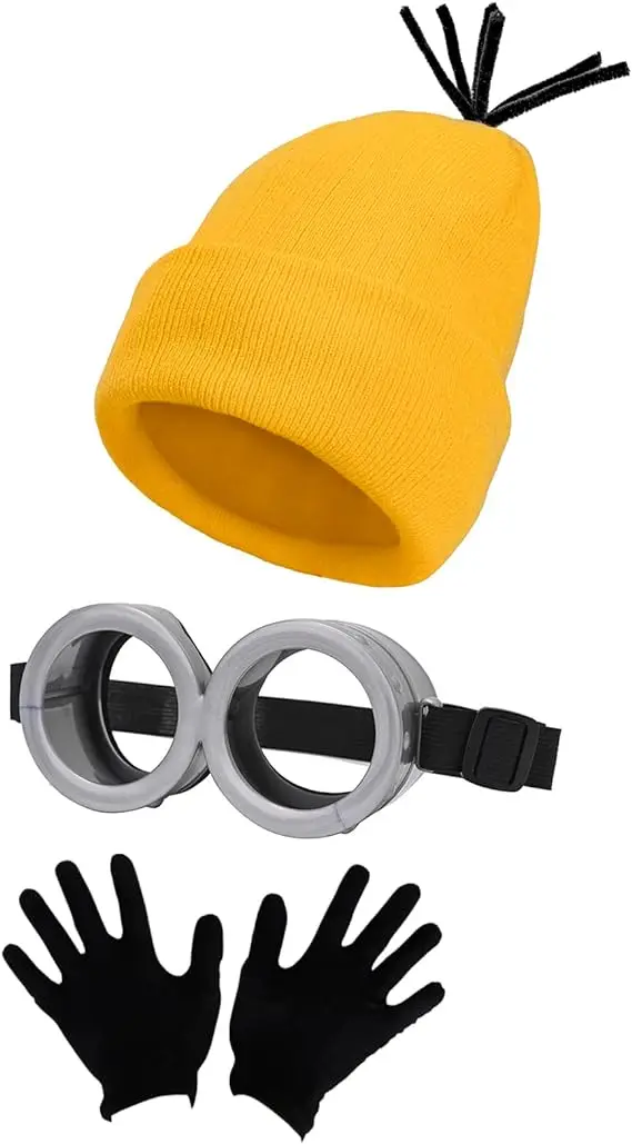 3 PCS Minions Cosplay Costume Man Steampunk Goggles Decorative Glasses Beanie Hats Black Gloves Set Women Halloween Party Cos