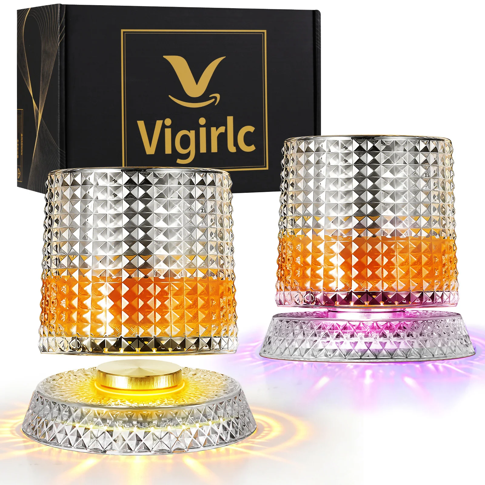 Spinning Whiskey Glasses Set of 2 with 8 LED Light,2 Ice Mold,9.5oz 9.5oz,8 LED Lights & 2 Iceball Molds,Rotating Old Fashioned Glass for Bourbon Scotch Cocktails,Gifts for Men (grid pattern)