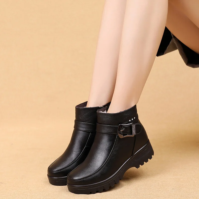 Fashion Winter Women Pu Leather Ankle Boots Female Thick Plush Warm Snow Boots Mother Waterproof Non-slip Booties