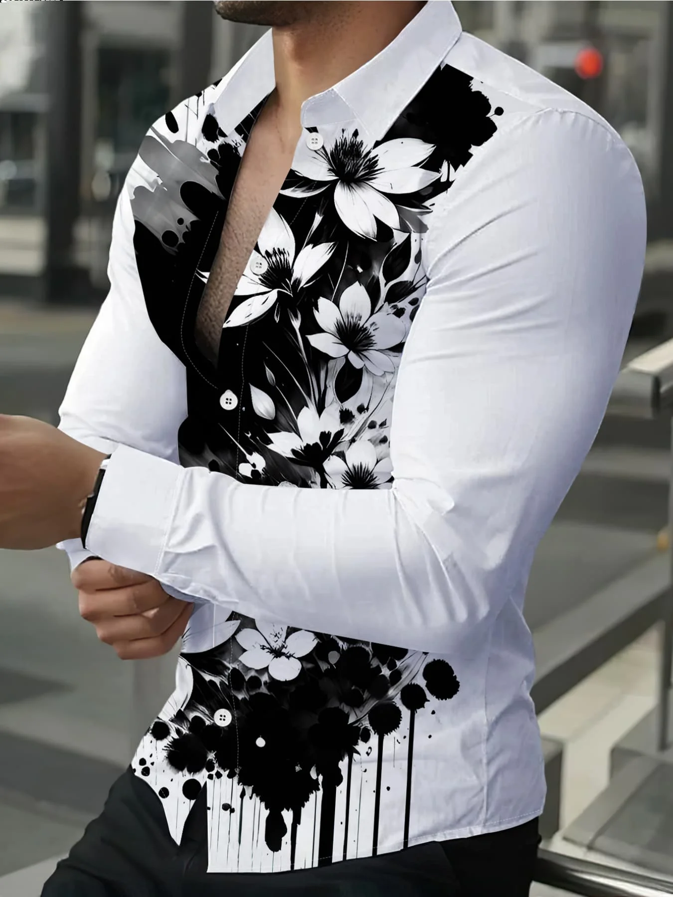 Men's Shirt Ink Splash Floral Artistic Print Long Sleeve Button Down Top Casual Daily Streetwear Mens Clothing