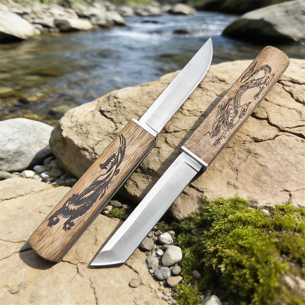 Two In One Japaness Style Drop / Tanto 7cr13mov Blade Wood Handle Pocket Knife Camping Portable Edc Lightweight Tools 2 in 1